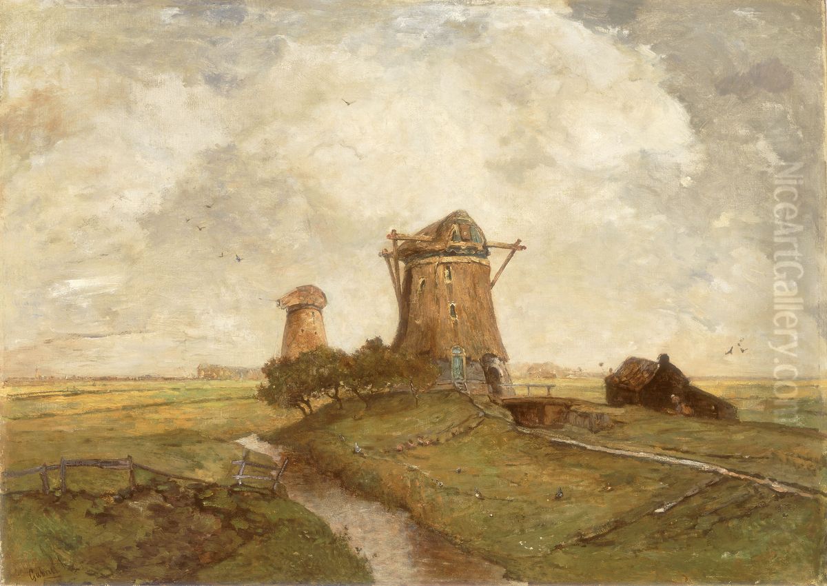 Two Windmills between Abcoude and Ouderkerk on the Amstel Oil Painting by Paul Joseph Constantine Gabriel