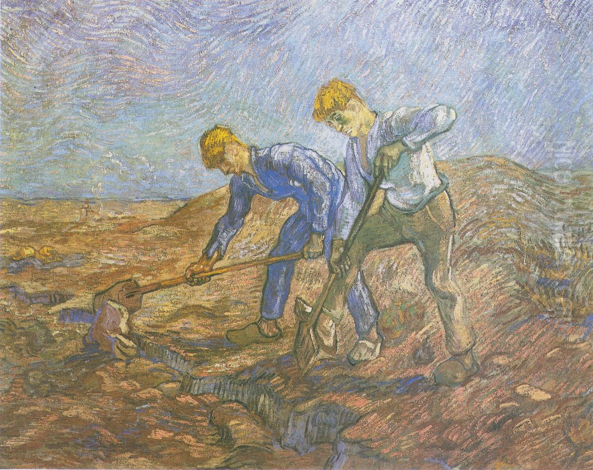 Two farmers digging over (after Millet) Oil Painting by Vincent Van Gogh