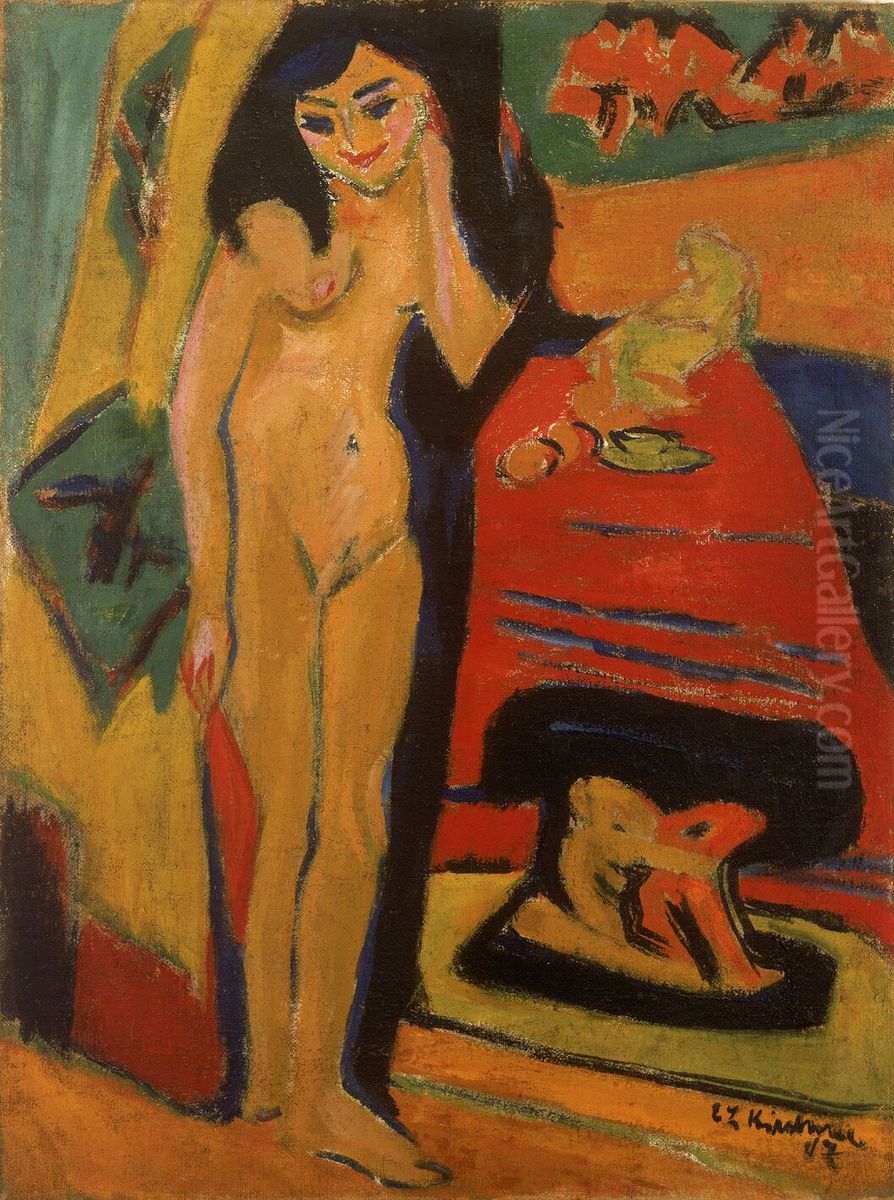 Nude Behind a Curtain (Franzi) Oil Painting by Ernst Ludwig Kirchner