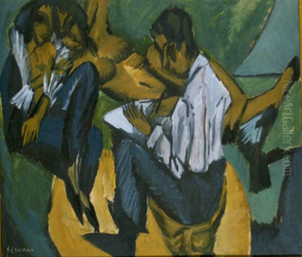 Skizzierender Kunstler mit zwei Frauen / Kunstlergruppe Oil Painting by Ernst Ludwig Kirchner