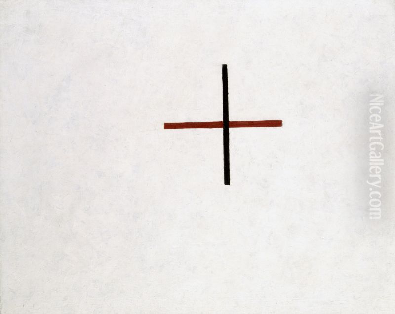 Suprematist Cross (Small Cross in Black over Red on White) Oil Painting by Kasimir Sevrinovitch Malevich