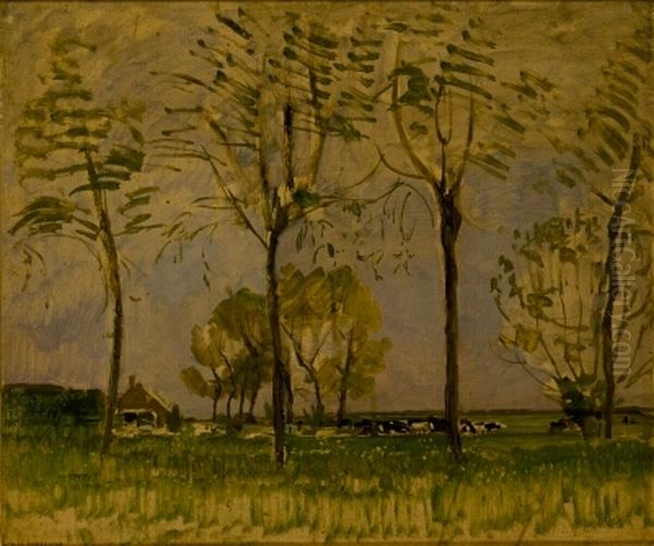 Farm Setting, Four Tall Trees in the Foreground I Oil Painting by Piet Mondrian