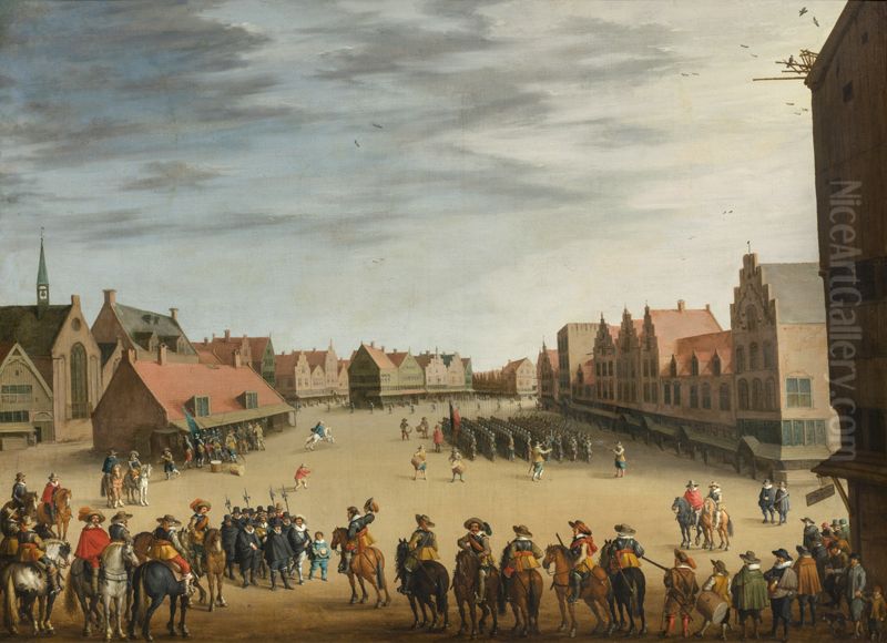 The disbanding of the 'waardgelders' by prince Maurice of Orange on the Neude in Utrecht, 31 July 1618 Oil Painting by Joost Cornelisz Droochsloot