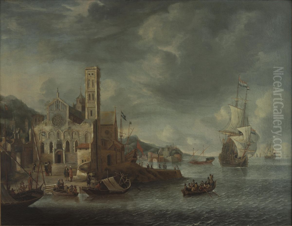 Gefantaseerd havengezicht met de Sint Mariakerk te Utrecht Oil Painting by Anthonie Beerstraaten