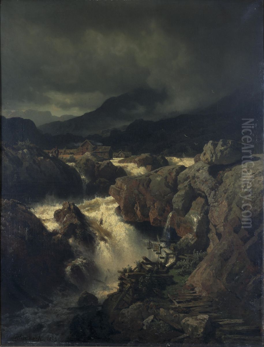 Rotslandschap met waterval in Noorwegen Oil Painting by Andreas Achenbach