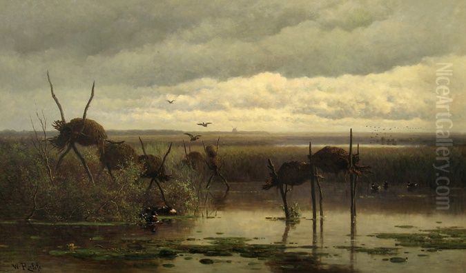 Polderlandschap met eendenesten Oil Painting by Willem Roelofs