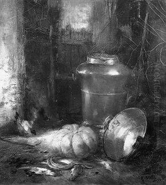 Stilleven met koperen ketels en vissen Oil Painting by Antoine Vollon