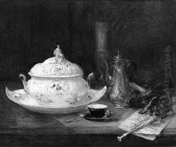 Stilleben mit Suppenterrine und Dudelsack Oil Painting by Antoine Vollon