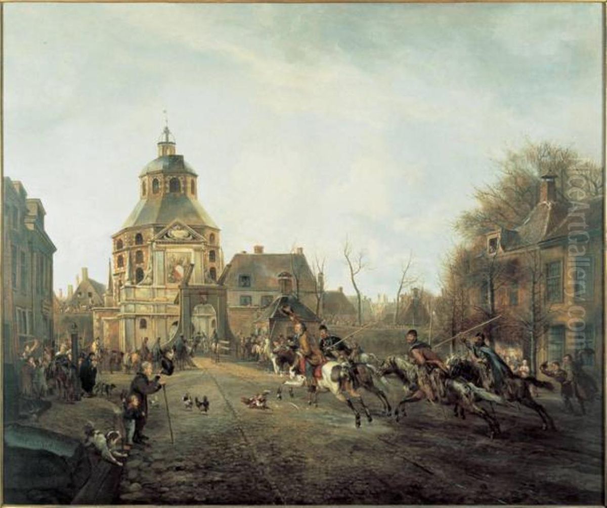 De aankomst van de kozakken in Utrecht in 1813. Het binnentrekken van de stad gebeurt door de Wittevrouwenpoort. Oil Painting by Pieter Gerardus Van Os