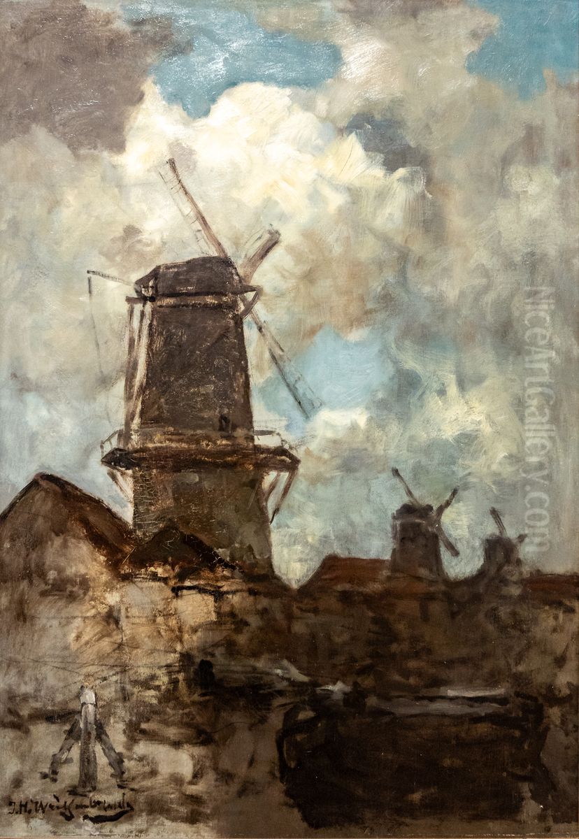 Blick auf drei Muhlen Oil Painting by Johan Hendrik Weissenbruch