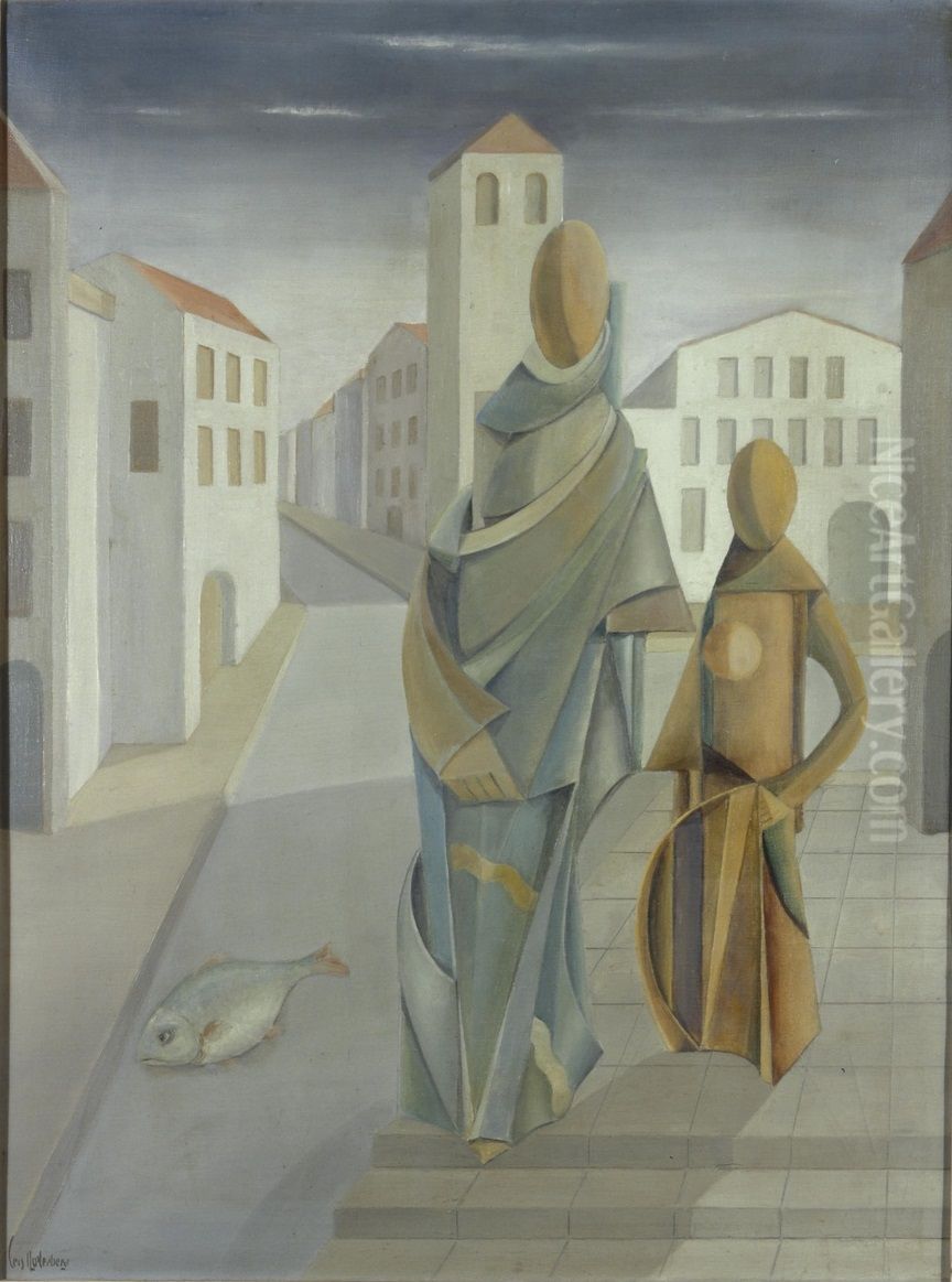 Twee staande figuren met vis Oil Painting by Cris Agterberg