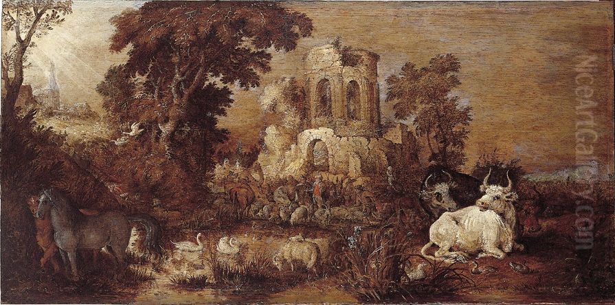 Landscape with Ruin and Cattle near a Pond Oil Painting by Roelant Savery