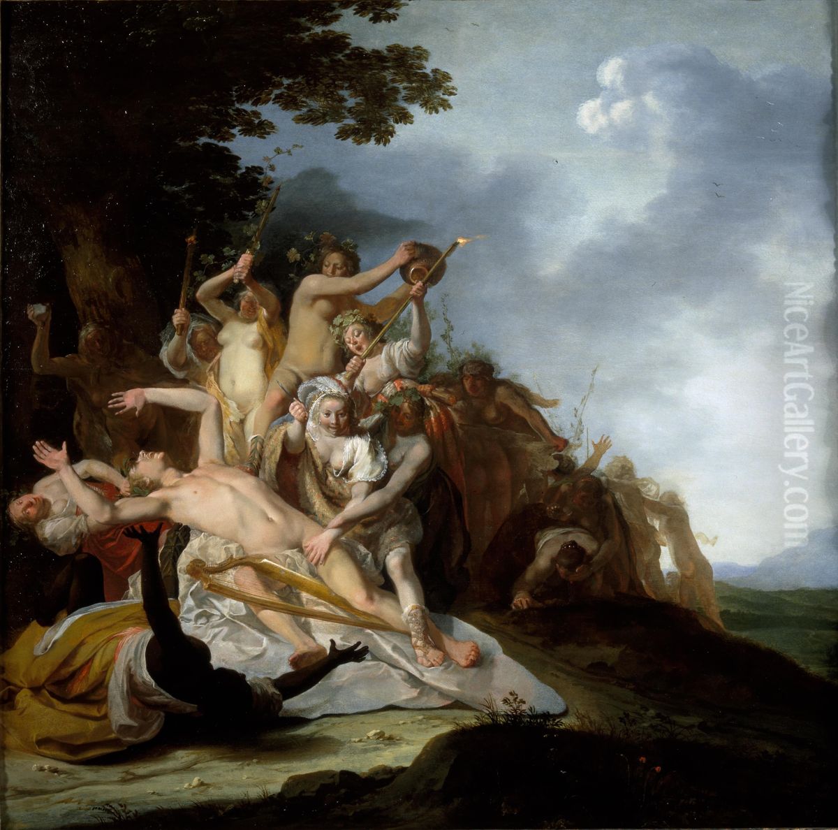 he is torn to pieces by the Thracian women during a Bacchic orgy Oil Painting by Nikolaus Knupfer