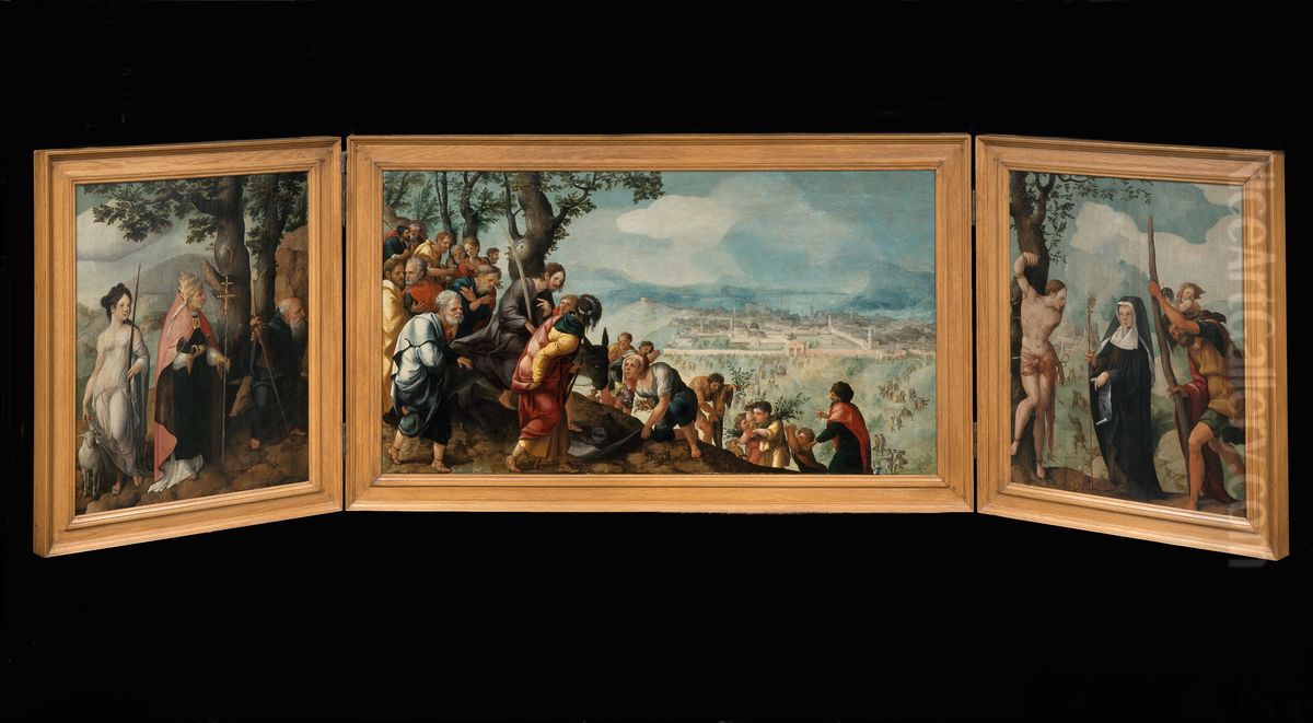 Triptych with The Entry of Christ into Jerusalem, saints and on the outside of the wings, patrons of the Van Lokhorst family Oil Painting by Jan Van Scorel