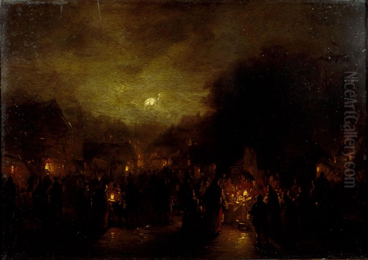 Market By Moonlight Oil Painting by George Gillis Haanen