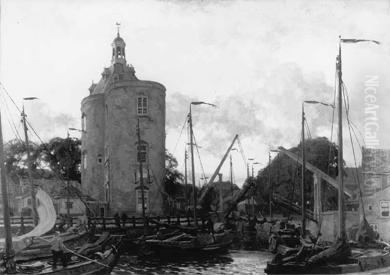 Havengezicht te Enkhuizen met Dromedaris Oil Painting by Willem Bastiaan Tholen