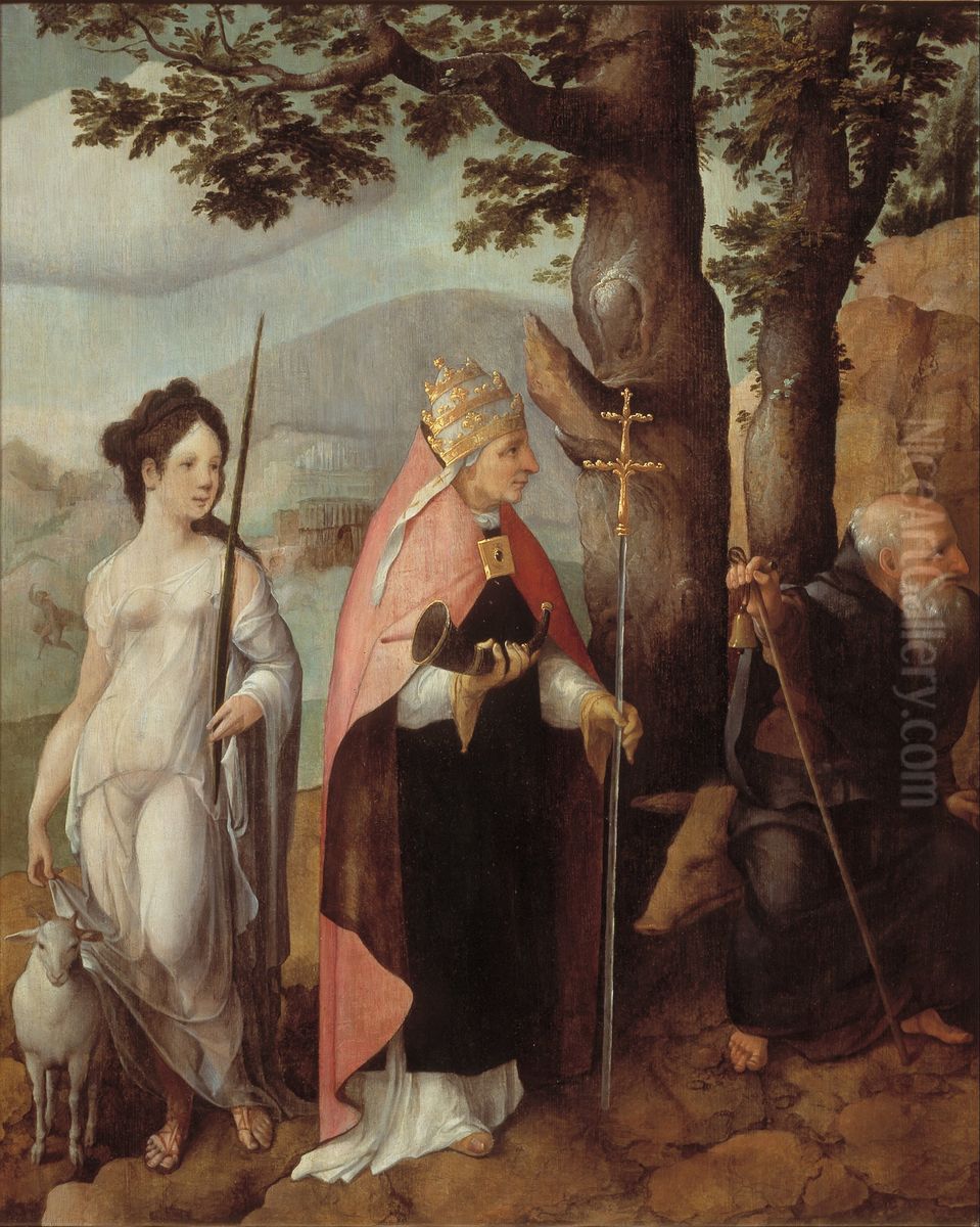 Triptych with The Entry of Christ into Jerusalem, saints and on the outside of the wings, patrons of the Van Lokhorst family Oil Painting by Jan Van Scorel