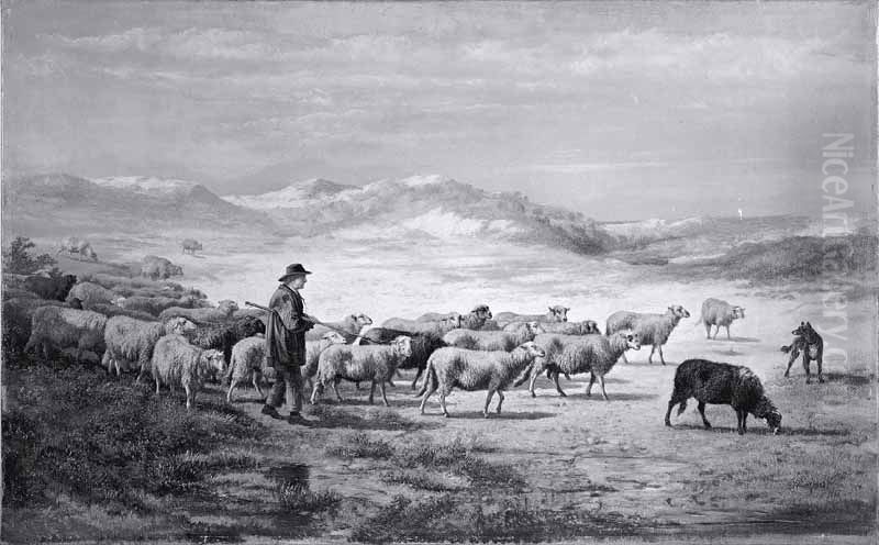 Shepherd with flock of sheep Oil Painting by Dirk Van Lokhorst