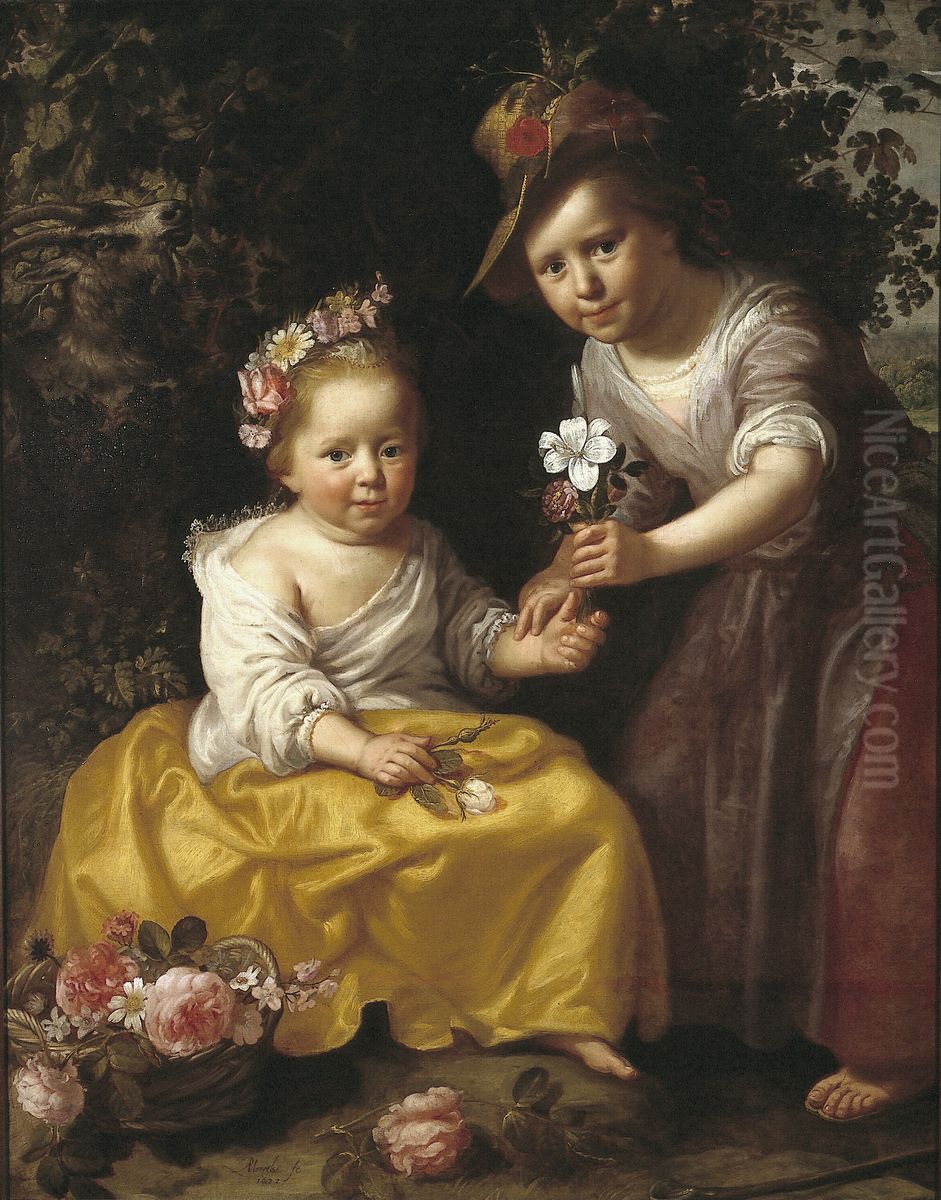 Portret van twee kinderen, een zittend, een staand rechts, in pastorale kleding, met bloemen Oil Painting by Paulus Moreelse