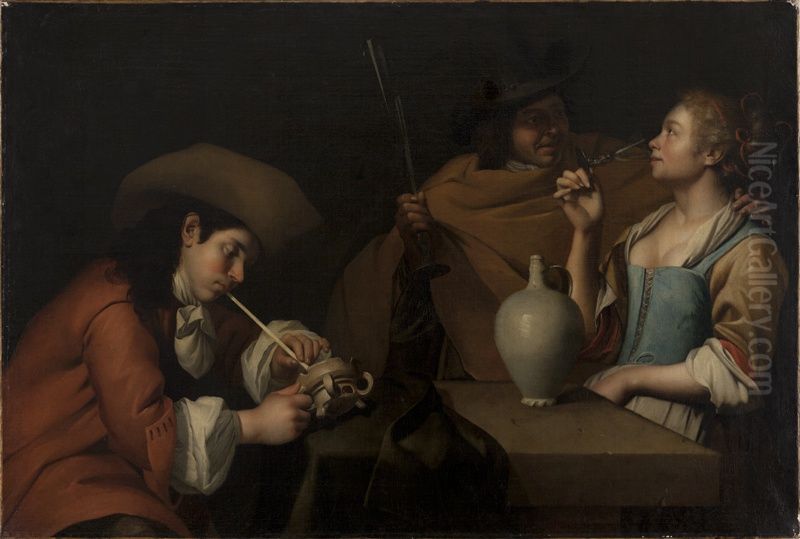 Een drinkend paar en een man die een pijp aansteekt Oil Painting by Johannes van Wijckersloot