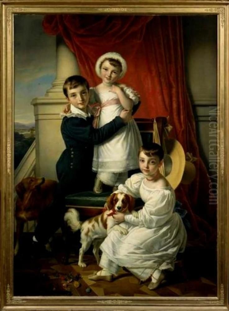 Portrait of Otto d'Aumale van Romondt (1822-1883), Suzanna Cornelia Frederika van Romondt (1825-1899) and Wilhelmina Anna van Romondt (1827-1892) Oil Painting by Cornelis Kruseman