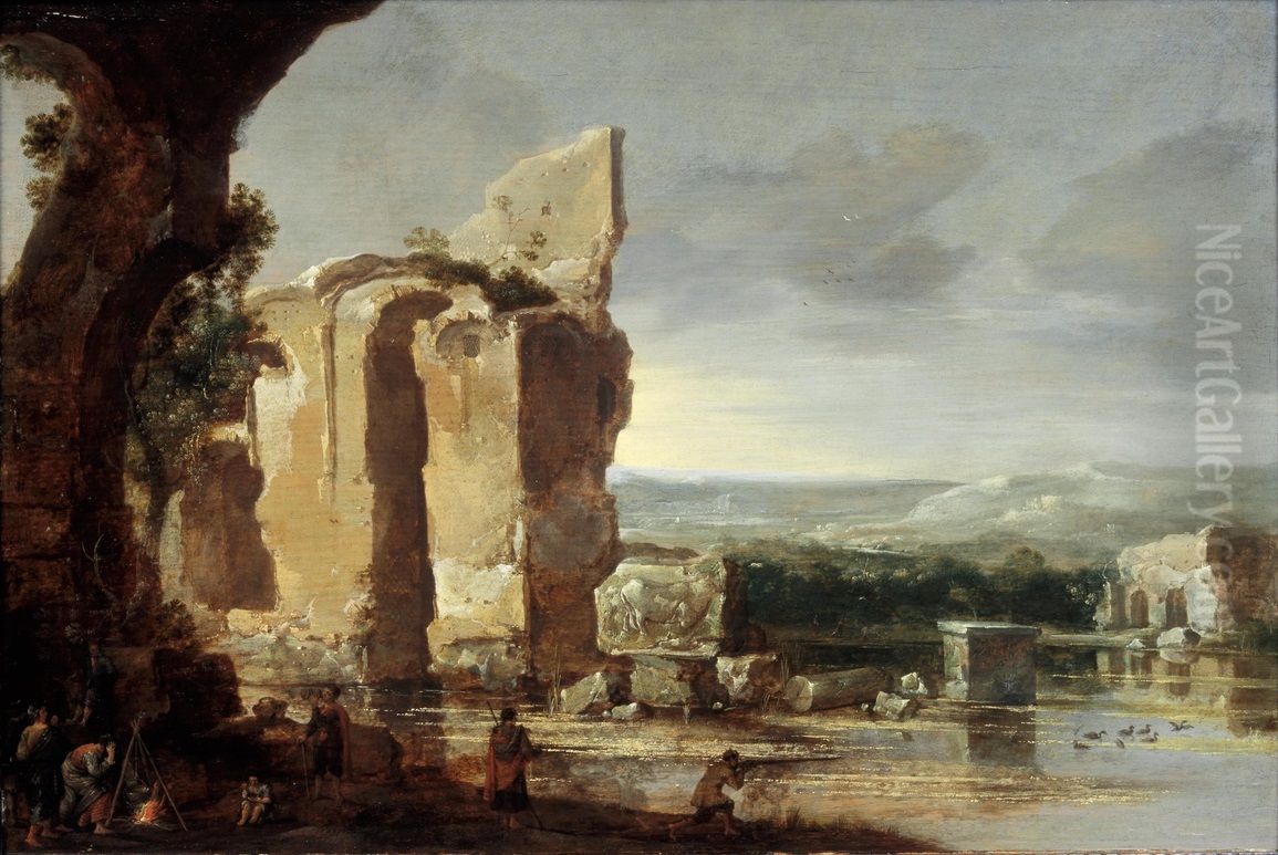 Italian landscape with ruins and duck hunters Oil Painting by Charles Cornelisz. de Hooch