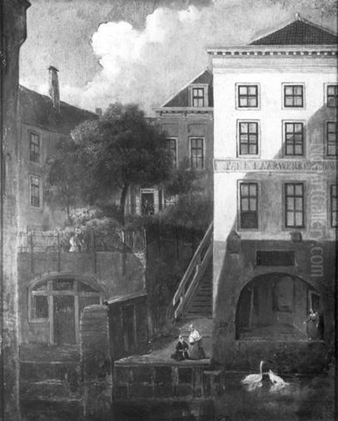 De achterzijde van enkele huizen aan de Lijnmarkt in Utrecht Oil Painting by Johannes Warnardus Bilders