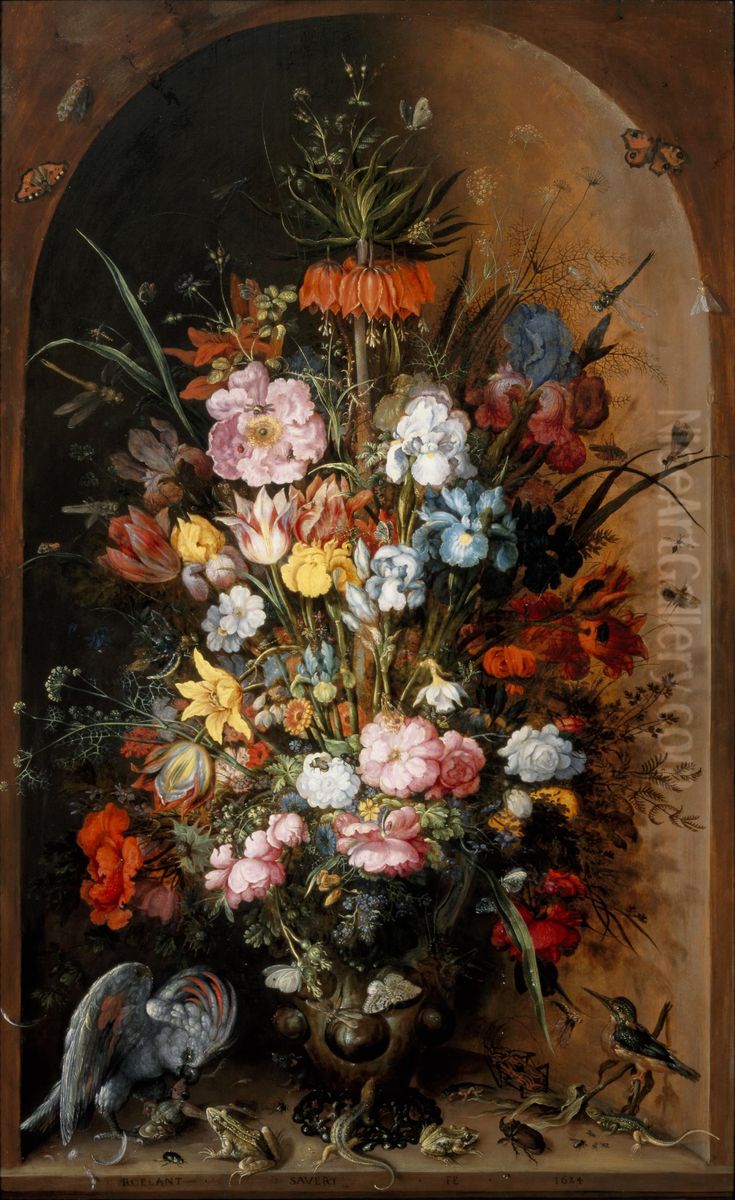 Large flower piece with Kaiser's crown Oil Painting by Roelant Savery