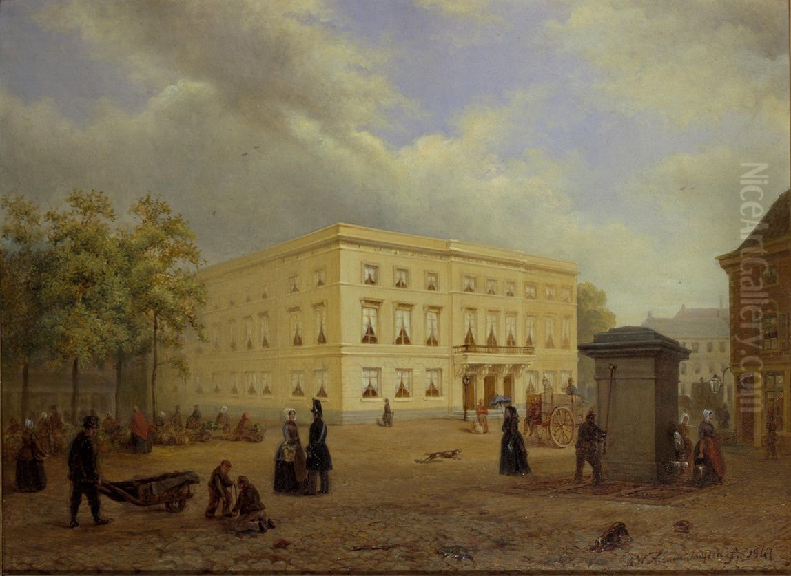 Gezicht op het gebouw van Kunsten en Wetenschappen te Utrecht Oil Painting by Adrianus Wilhelmus Nieuwenhuysen