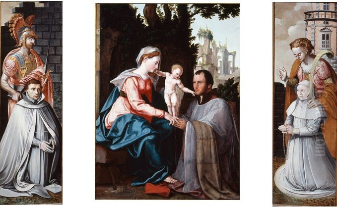 Cartouche met randschrift en het devies van Johannes de Visscher van der Gheer: rietstengels die buigen maar niet breken in de golven; de wapens De Visscher, bastaardtak Culenborg en Van de Leck Oil Painting by Jan Van Scorel