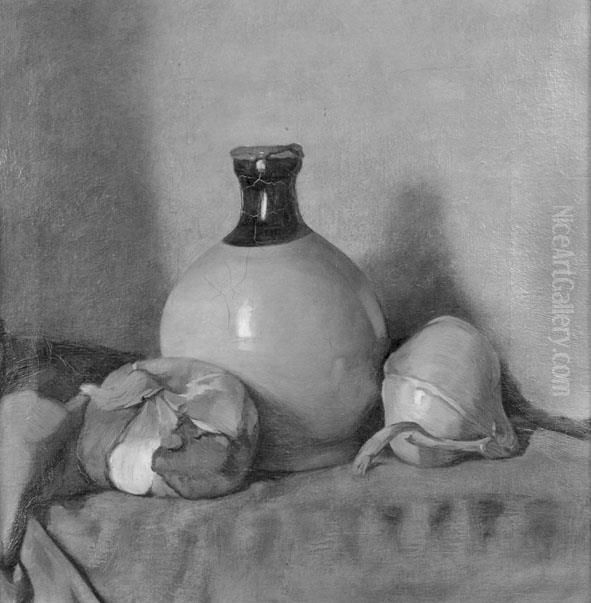 Stilleven van soyakruikje en uien Oil Painting by Julie de Graag