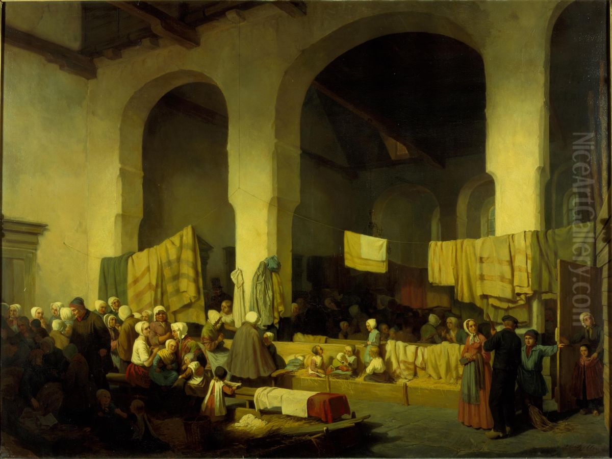 De Geertruidakerk te Utrecht ingericht als noodverblijf voor de inwoners van Veenendaal tijdens de watersnood van 1855 Oil Painting by David Van Der Kellen