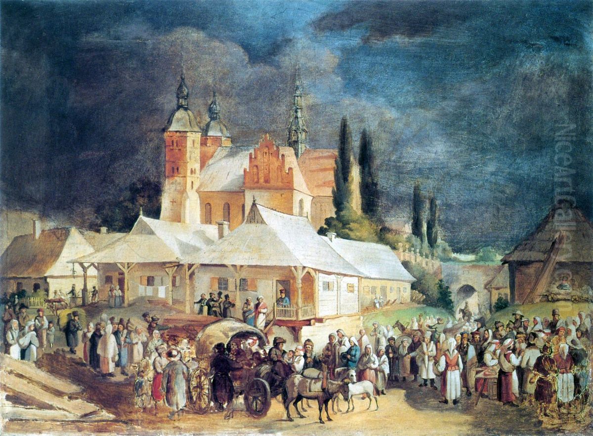 Market in Opatow. Oil Painting by Jan Feliks Piwarski