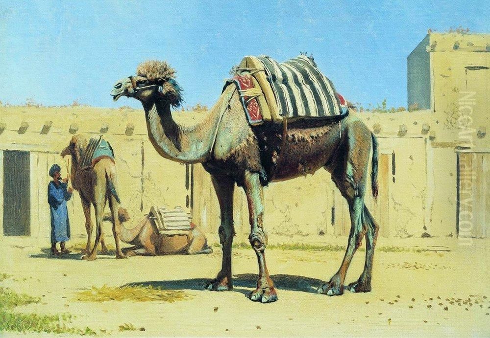 Camel in the courtyard of the caravanserai Oil Painting by Vasily Vereshchagin