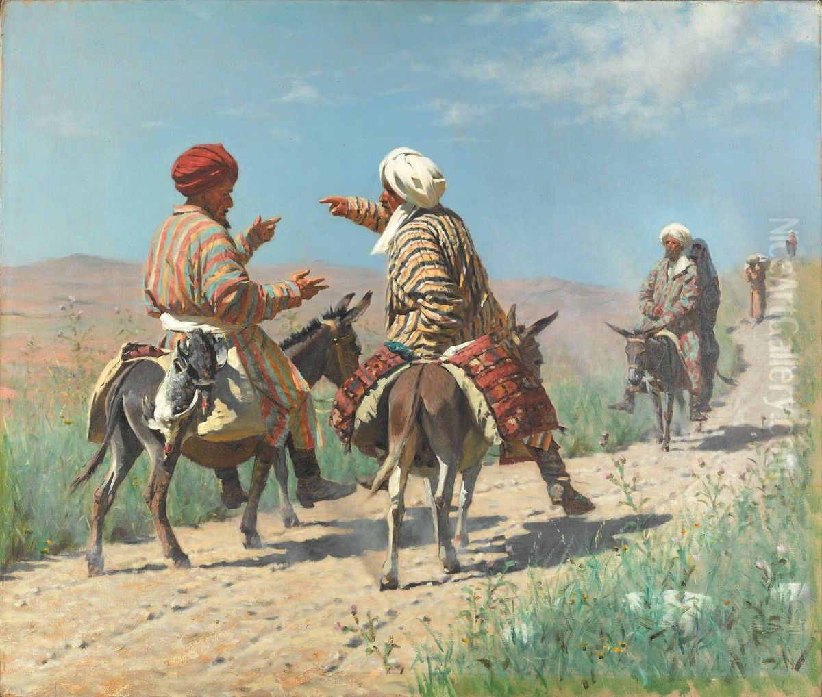 Mullah Rahim and Mullah Kerim on his way to the bazaar are quarreling Oil Painting by Vasily Vereshchagin