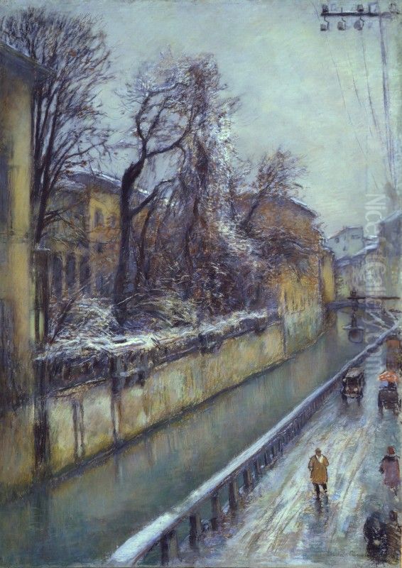 On the Naviglio Canal Oil Painting by Michele Cascella
