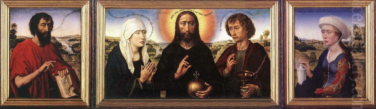 Triptych with Mary, Christ as Salvator Mundi and St.  John the Evangelist Oil Painting by Rogier van der Weyden