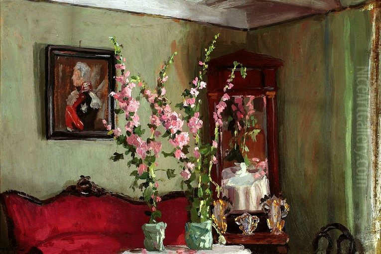 Interior of the living room in Bohdanow - Hollyhocks Oil Painting by Ferdynand Ruszczyc