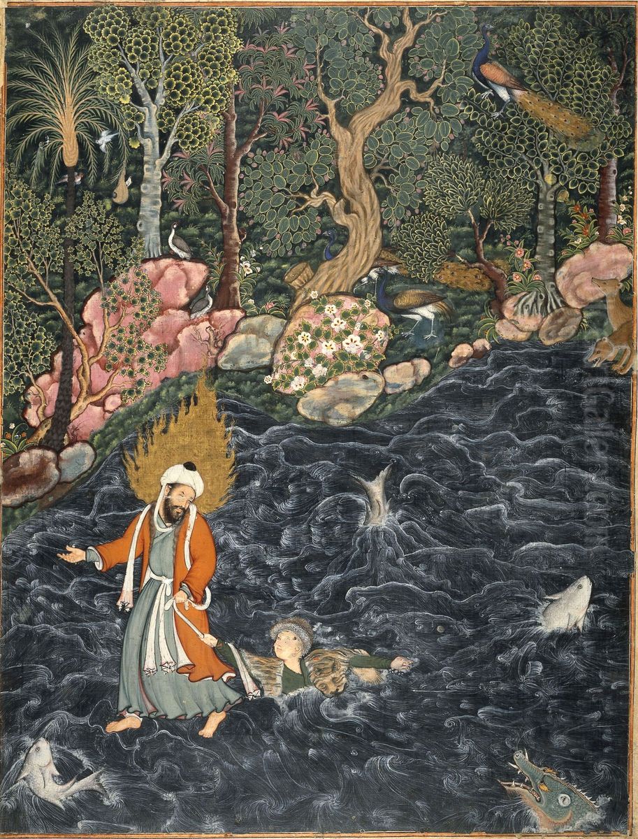 Elias and Prince Nur ad-Dahr; single-page painting on detached folio. A-side: From the Hamzanama. The prophet Elias (Elijah) rescuing Prince Nur ad-Dahr from drowning in a river. Lush forest in background and fish and sea creatures in foreground. Oil Painting by Mir Sayyid Ali