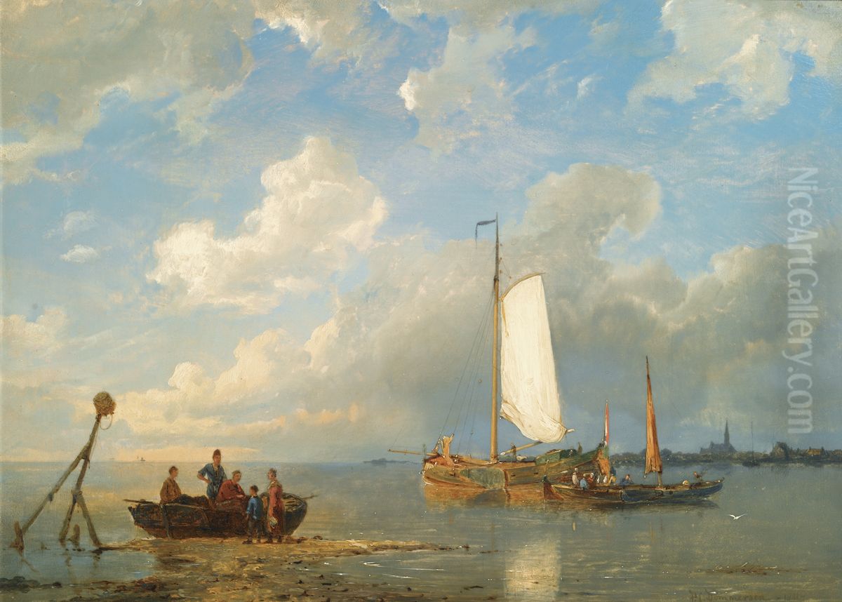Shipping in a Dutch estuary at low tide Oil Painting by Pieter Cornelis Dommersen