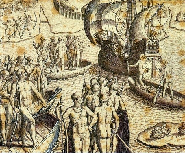 Ataque de Portugueses e Tupiniquins as Cabanas Tupinambas Oil Painting by Theodor de Bry