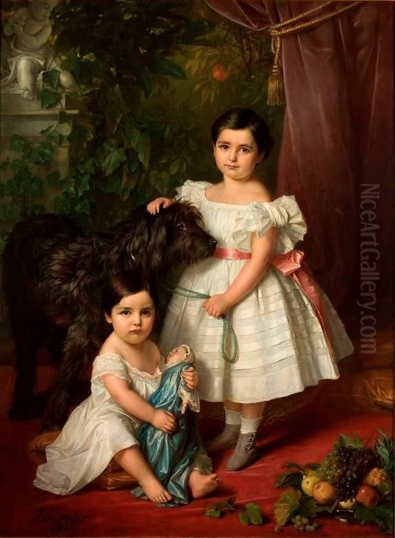 Portrait of Maria Roza Kronenberg and Roza Maria Karolina Kronenberg with a dog Oil Painting by Jozef Simmler
