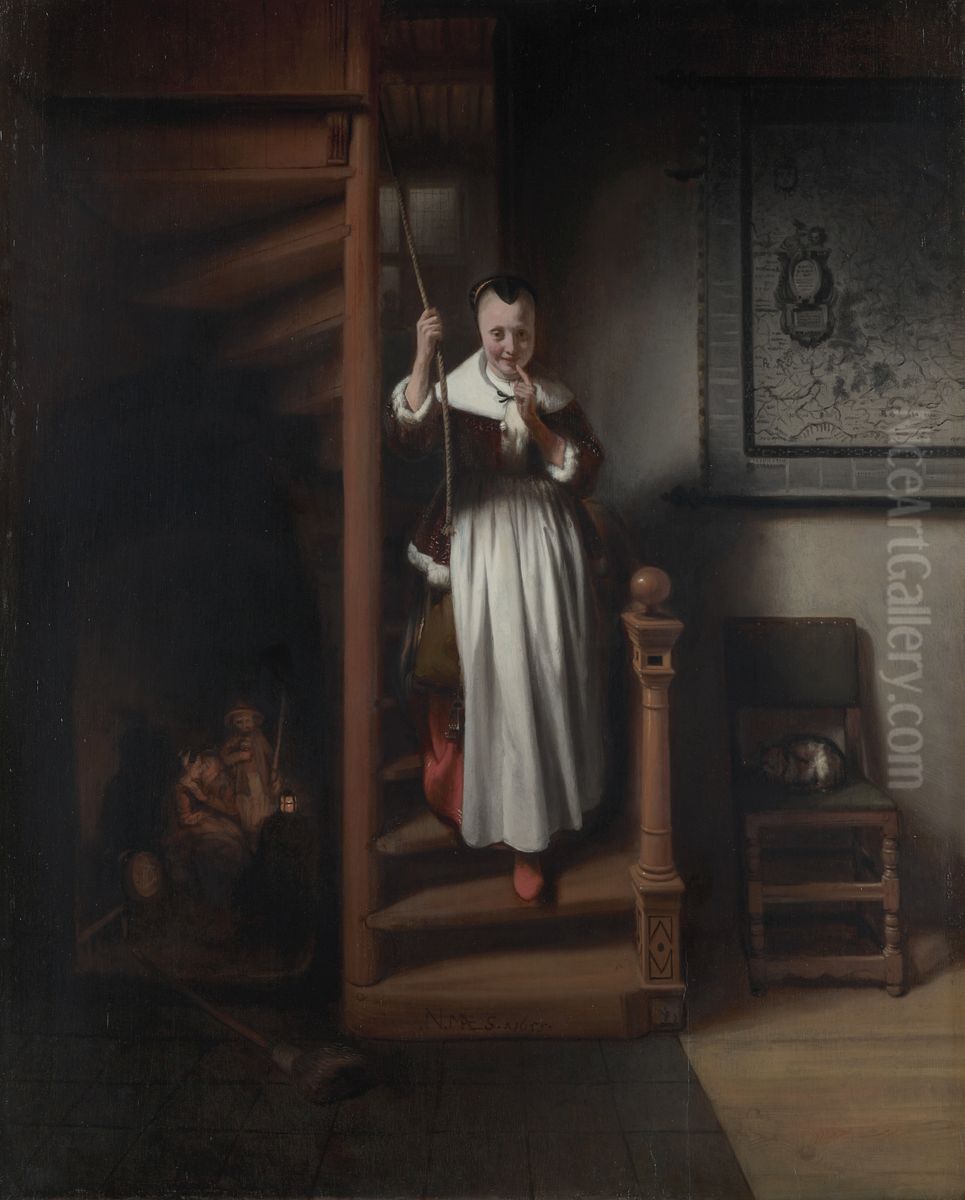 The Listening Housewife Oil Painting by Nicolaes Maes