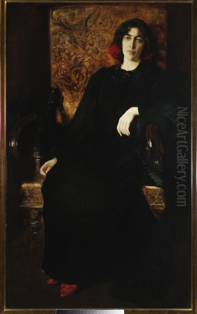 Portrait of Julia Stabrowska nee Janiszewska, artist's wife Oil Painting by Kazimierz Stabrowski