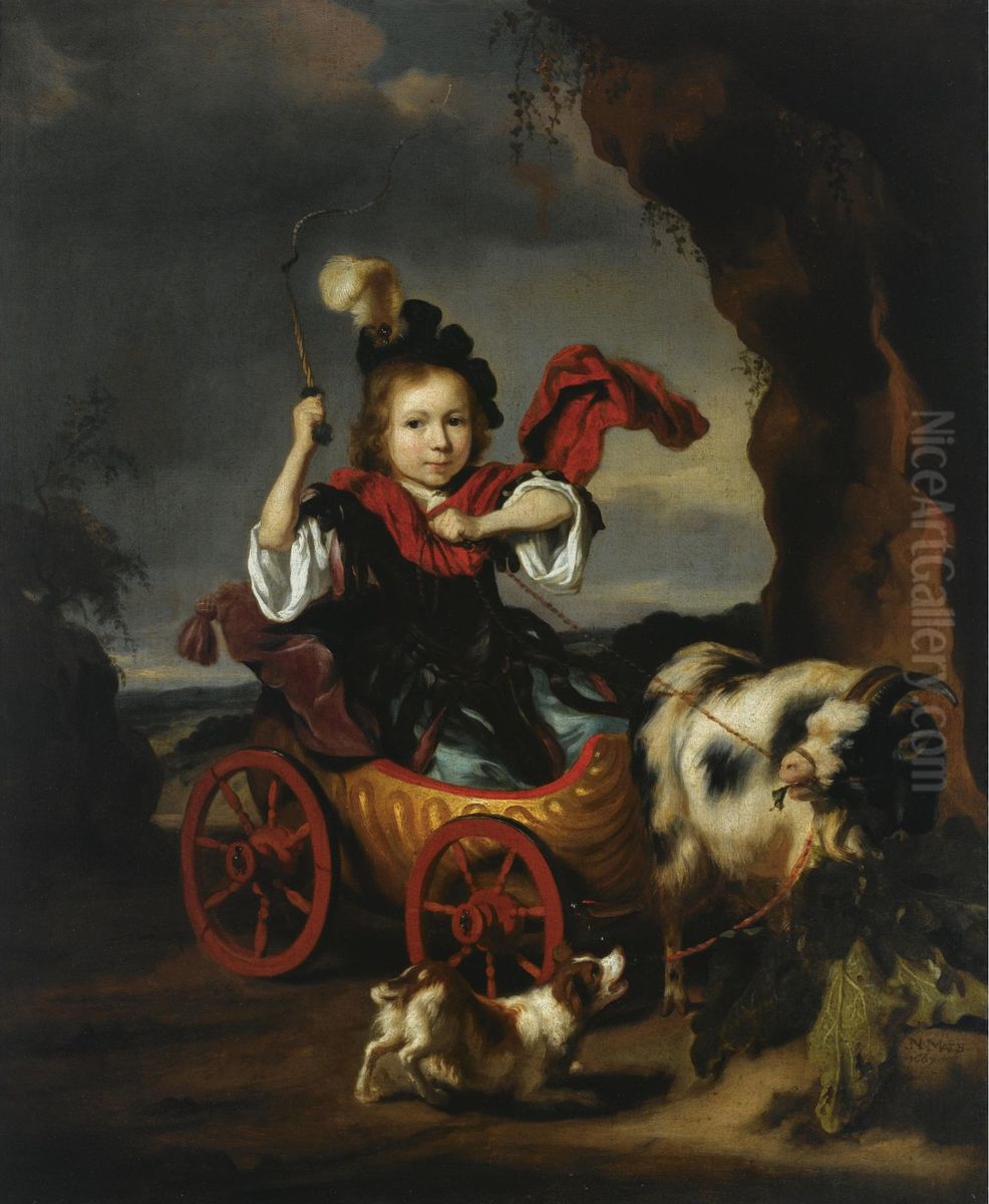 Portrait of an unknown boy in a carriage drawn by billy-goat Oil Painting by Nicolaes Maes