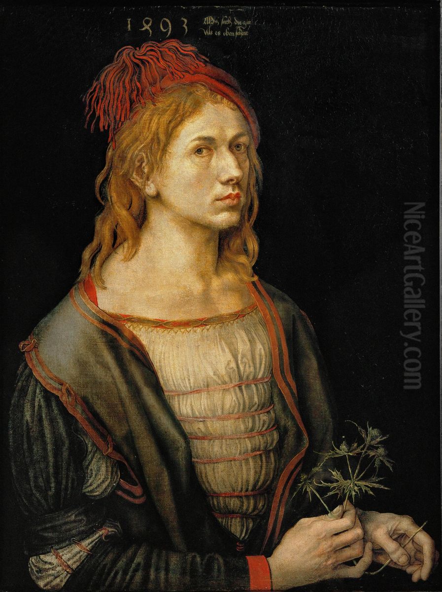 Portrait de l'artiste tenant un chardon Oil Painting by Albrecht Durer