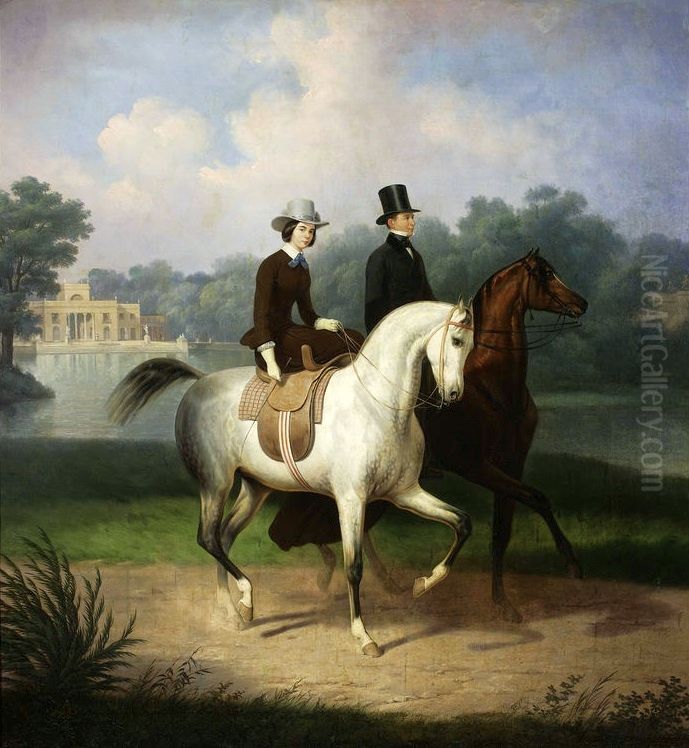 Equestrian portrait of Mr. and Mrs. Schossland Oil Painting by January Suchodolski