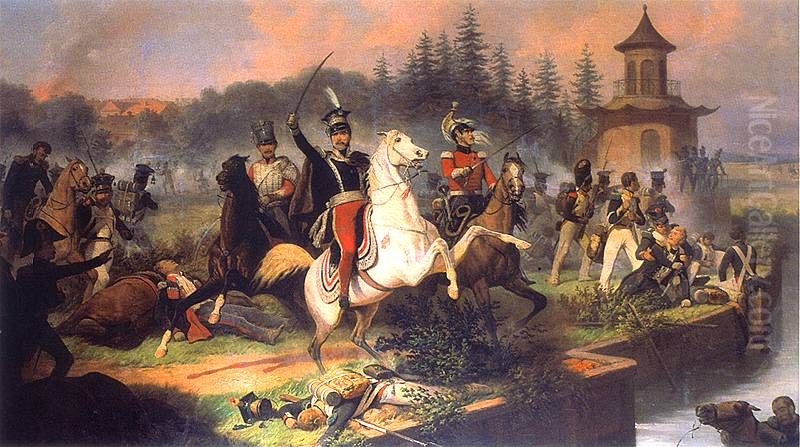 Death of Prince Jozef Poniatowski in the Battle of Leipzig. Oil Painting by January Suchodolski