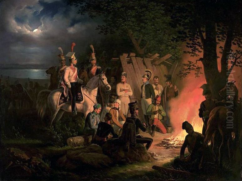 A bivouac of Polish Uhlans at Wagram. Oil Painting by January Suchodolski