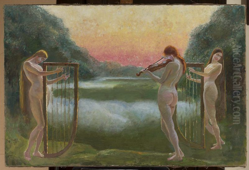 Three nymphs at the lake - the concert Oil Painting by Waclaw Szymanowski